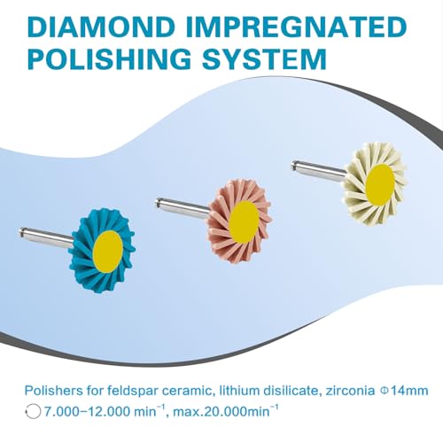 Image of 6Pcs Dental Diamond Impregnated Polishing System Ceramic Polishing Disc Composite Ceramic Polishing Disc, 3-Step Polishing Diamond System RA 14mm Spiral Flex Brush.