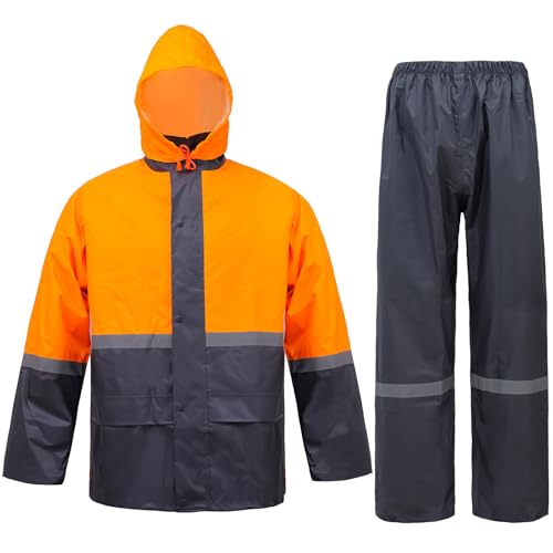 Image of Men's Lightweight Waterproof Rain Suit - Reflective Jacket & Pants with Hood for Outdoor Work, Fishing, Hiking