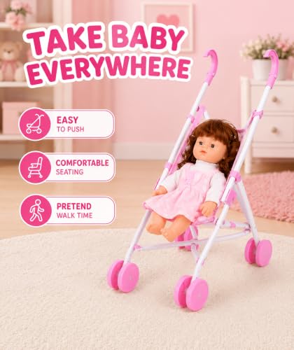 Image of Baby Doll Care Set for Girls with Doll Stroller, Rocking Cradle, Feeding Chair, Baby Bottle, Potty & Accessories | Pretend Play Toy Set for Kids Age 3+