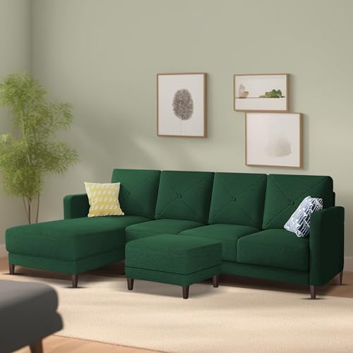 Image of Baloney LHS 6 Seater L Shape Sofa Set with Center Table for Living Room (Green Fabric) Premium Fabric Sofa