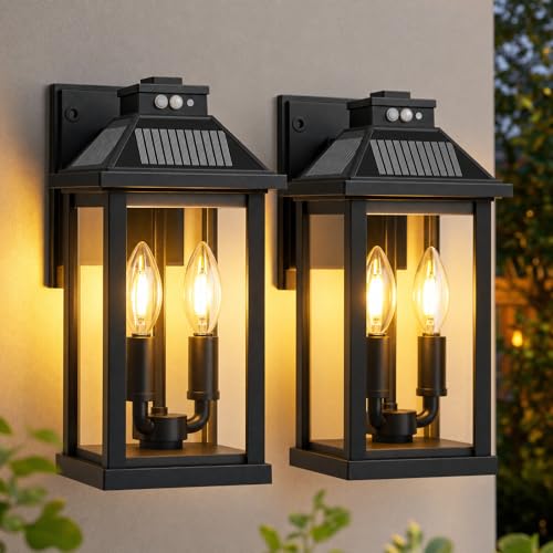 Solar Porch Lights Outdoor: Solar Wall Sconce Lights with Motion Sensor & 3 Lighting Modes - Dusk to Dawn Waterproof Lantern Fixture with Clear Panel for Garage Porch Yard Front Door (Black - 2 Pack)