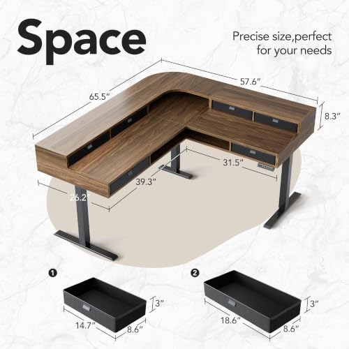 Image of HUANUO 65 inch L Shaped Standing Desk with 6 Drawers and 2-Tier Storage, Walnut | 220lbs Carbon Steel,4 Memory Presets, 27.6 inch-46.5 inch Adjustable Height,corner workstation,cable tray, grommets