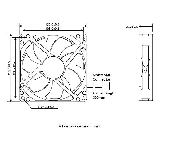Image of Fourdot 120mm 5Inch Computer Cabinet Cooling Fan 12V 3000RPM with Molex SMPS Connector Model 12025