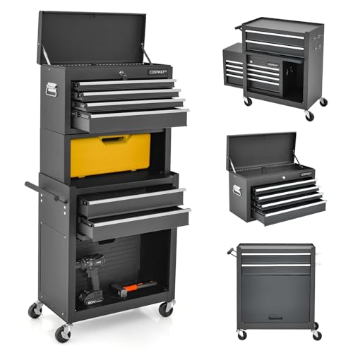 GOPLUS Servante d’Atelier avec Coffre Amovible, 33 x 62 x 132CM, Caisse à Outils Roulant avec 6 Tiroir Verrouillable & Armoire à Étagère avec 4 Crochet, pour Garage, Atelier, Charge 90kg(Noir)