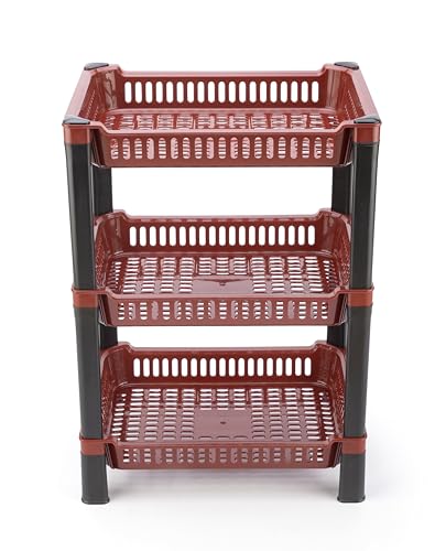 Image of U-Max Multi Tire Kitchen Storage Rack, Plastic Utility Shelf Organiser, Space Saving Storage Solution, Revolving Vegetable Rack (Maroon, 3)