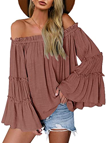 Womens Off The Shoulder Long Bell Sleeve Tops Flared Casual Loose Blouse