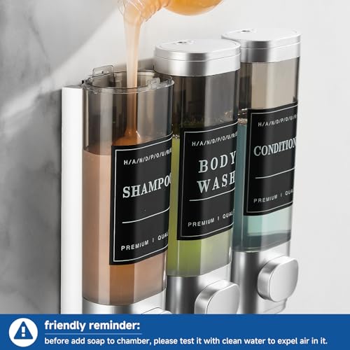 Image of Shower Soap Dispenser Wall Mounted No Drill Shampoo Dispenser for Shower Wall Shampoo and Conditioner Dispenser Bathroom Hotel 3 * 300ml with Waterproof Labels Sliver