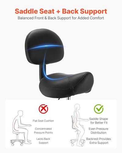 Image of VEVOR Saddle Stool with Back Support Footrest, 500 lbs Weight Capacity, Height Adjustable, Quiet Casters, PU Leather Seat, 360 Swivel Saddle Stool Rolling Chair for Salon, Spa, Bar, Medical, Black
