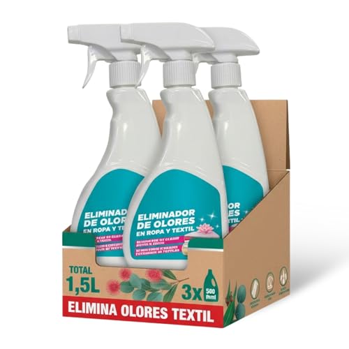 Spray Elimina Olores Desinfectante, Eliminador de olores en ropa y textil, Apto para todo tipo de malos olores en moquetas, ropa, tapicerias, cortinas, camas de mascotas, Sin Lejía, Pack de 3 x 500 ml
