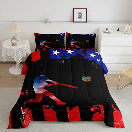 Manfei Baseball Comforter Set Queen American Flag Bedding Set 3Pcs For Teens Boys Girls Room Decor,Player Silhouette Sports Theme Quilt Set Soft Abstract Black Duvet Insert With 2 Pillowcases #TOP14