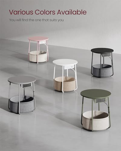 Vasagle ULET228B01 Side Table With Charging Station, Round End Table With Fabric Basket, Nightstand With Power Outlets Usb Ports, For Living Room thumb #2