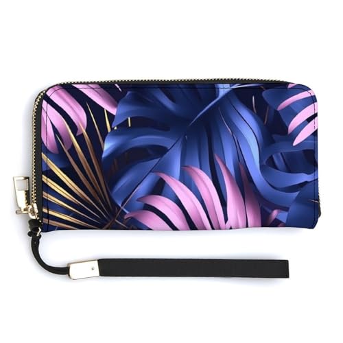 Monstera Palm Tree Leaves Blue Pink PU Leather Clutch Long Bifold Wallet, Coin Purse Credit Pass Case, Durable Card-Holder Money Storage for Women Men