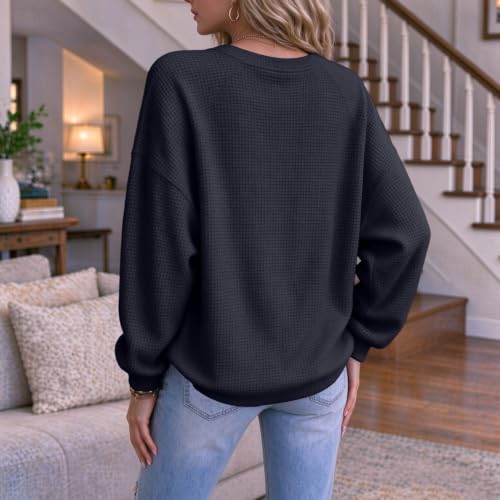 Waffle Tops for Women V Neck Faux Layered Waffle Henley Shirts for Women | Waffle Knit, Fall Winter, Retro Classic, Drop Shoulder, Relaxed Fit, Non‑Bulky, Soft, Long Sleeve, Thermal Warm - image 4