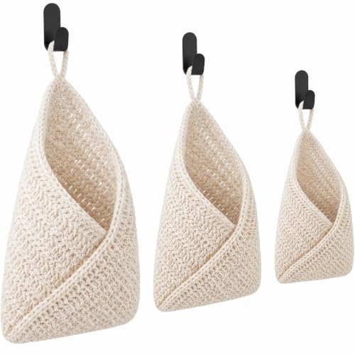 Image of Honeydak 3 Hanging Baskets, White, Triangle, Cotton Rope