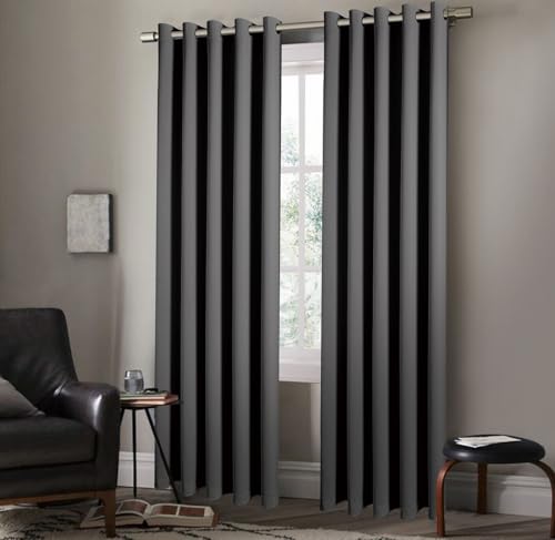 Pair of Eyelet Ring Top Thermal Blackout Curtains with Tie Backs – Plain, Insulated, Light-Blocking, Noise-Reducing, Lined Design (Grey,66 x 72(168x183cm))