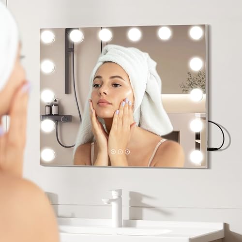 Image of Vanity Mirror with Lights Lighted Makeup Mirror with Dimmable LED Bulbs,3 Color Lighting Modes,USB Charging Port Touch Control,Sturdy Metal Frame Design,White (50x40cm, 4.70)