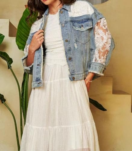 Women's Fall Denim Jackets Lace Embroidery Patchwork Ripped Jean Jackets Button Down Frayed Outwear Coat4