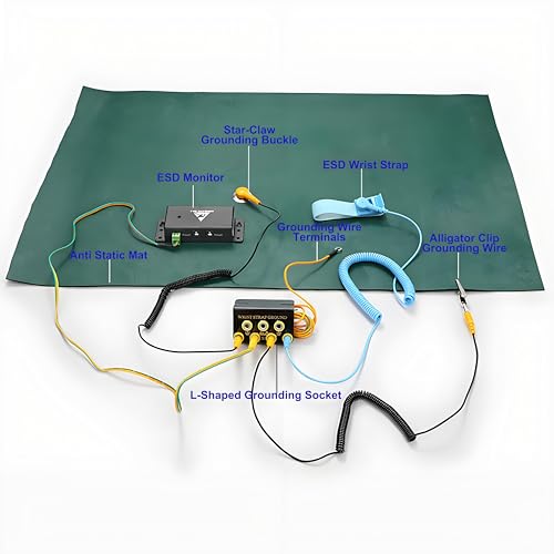 Image of 7-Port ESD Wrist Strap Grounding Kit with 5.9 ft Terminal Cable and Anti-Static Socket Connector, L-Shaped Aluminum Hub with 1 MΩ Resistors, Static Protection for Electronics Workbench(7-Port(2Pack))