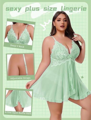 Image of Avidlove Plus Size Lingerie for Women Sexy Lingerie Dress Lace Babydoll Lingerie V-Neck Open Front Strap Nightdress