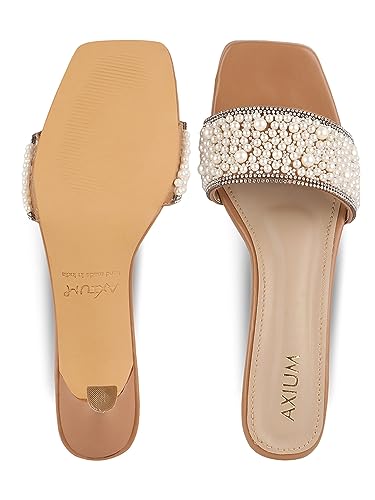 Image of AXIUM Pearl Embellished Beige Heels, 2.5-Inch