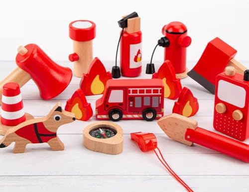 Image of WUDLY Wooden Fire Fighter Pretend Play Set, Educational Kids Toy with Fire Truck, Hydrant, Walkie Talkie, 14 Pieces, Red
