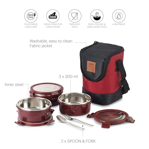 Image of CELLO MF Freshco Plus Lunch Box Set with 2 Spoons & Bag, 3 Containers, 300ml, Red | Outer Plastic & Inner Stainless Steel Tiffin Box with Jacket | Ideal for College, Office
