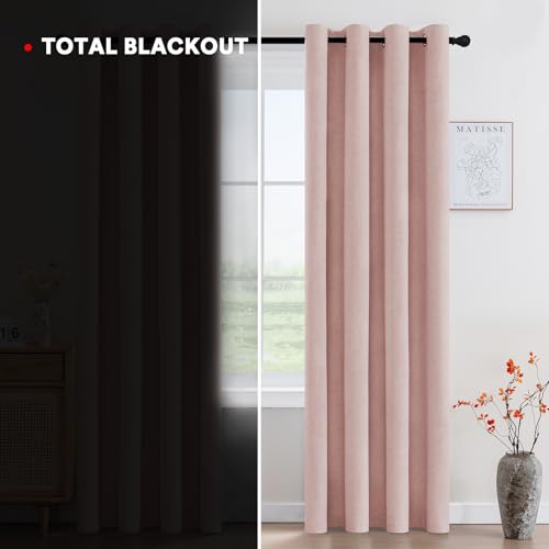 Image of PrinceDeco Blackout Curtains Linen Blended 96 Inch Long Room Darkening Black Out Curtains for Living Room with Natural Slubs & Grayish (Not Solid) Thermal Insulated Grommet 2 Panels - Heathered Pink