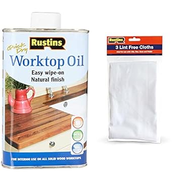 Rustins Worktop Oil 500ml & Rustins Lint Free Cloths - 3 x 300mm square