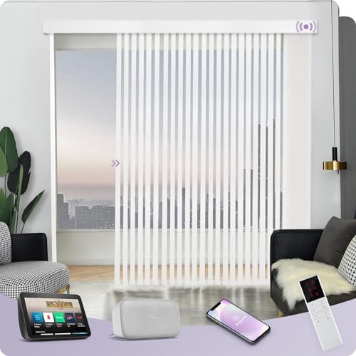 Graywind Motorized Vertical Blinds Compatible with Alexa Google Privacy Reversible Blackout Smart Vertical Blind Remote Control Track Slats Set for Home Office(Dimout Checkered White)