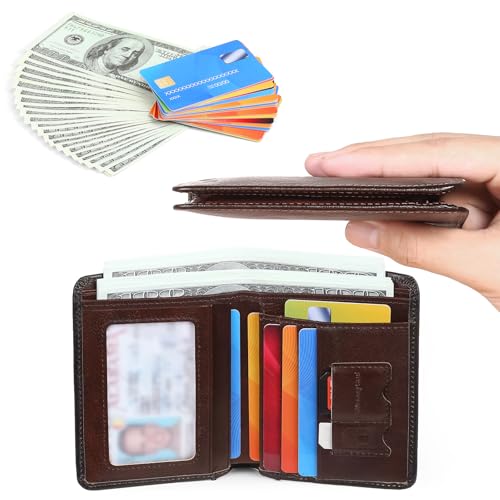 Bifold Slim Men Wallet Genuine Leather, Wallet for Men With 1 ID Window and RFID Blocking, 7credit card slots, (Coffe)2