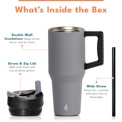 Image of Elemental 100% Leak Proof 32oz Tumbler with Handle & Straw Travel Mug | Stainless Steel Double Wall Insulated Tumbler for Hot and Cold Beverages with Sip & Straw Lid