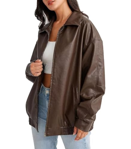 FTIMILD Women's Faux Leather Jacket Oversized Motorcycle Pu Jacket Faux Suede Fall Fashion
