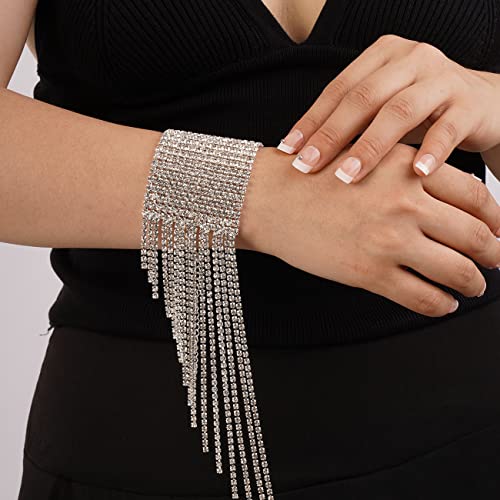 Chargances Silver Glitter Crystal Bangle Bracelet Thinestone Tassle Fringe Bracelet Bling Tennis Cuff Accessories for Women Party Wedding Prom2