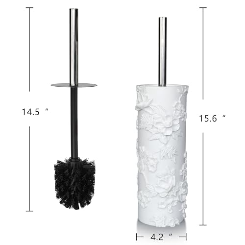 Image of White Floral Branches Design Resin Toilet Bowl Brush and Holder Set, Elegant Bathroom Cleaning Tool with Durable Bristles, Compact and Functional