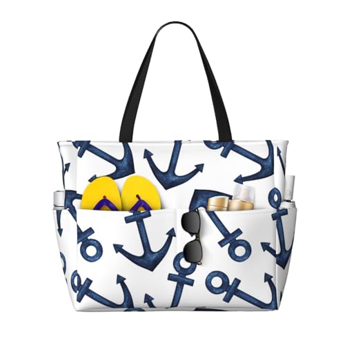 Navy Blue Anchor Large Beach Bag Waterproof Sandproof Swim Tote Pool Bag For Women With Zipper