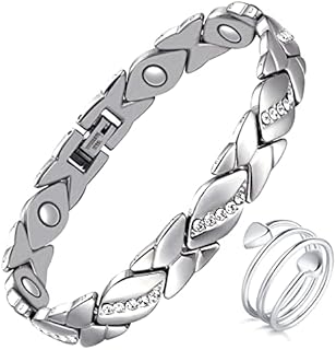 Jecanori Crystal Magnetic Bracelets for Women,Copper Rings for Women,Adjustable Titanium Steel Wristband Brazaletes,Christmas Jewelry Gift with Sizing Tool