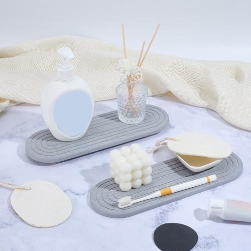 2 Piezas Bandejas Absorbentes de Agua, 11.85x4.76 Bandeja Secadora Instantánea con Pies de Madera y Lufa Natural, Organizador de Fregadero de Tierra de Diatomeas para Cocina y Baño miniatura 5