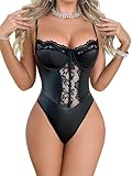  Générique Body gainant en similicuir pour femme – Justaucorps sexy une pièce en cuir PU avec bordure en dentelle