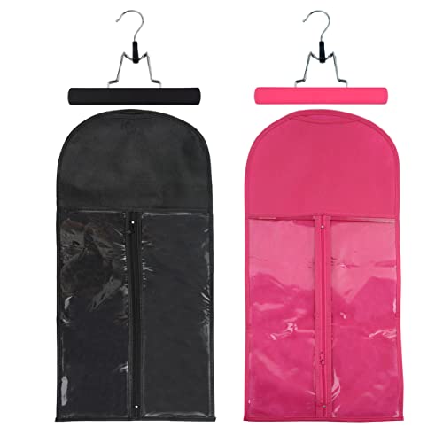 2 Pcs Wig Hair Extensions Storage Bag with Wooden Hanger - Portable, Dust-proof Wig Bags (Black + Pink), Black+pink, 24 inches
