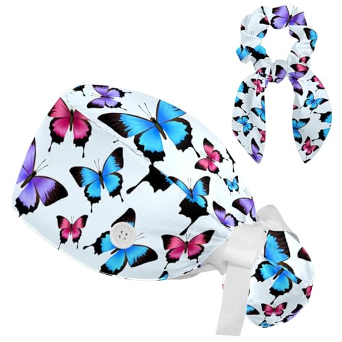 Image of Colored Butterflies Scrub Caps Women, Adjustable Working Cap with Button, Surgical Caps with Bow Hair Scrunchy