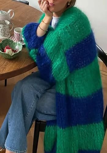 Famnbro Womens Long Cardigan Sweaters Striped Color Block Long Sleeve Open Front Duster Chunky Comfy Sweater Coat3