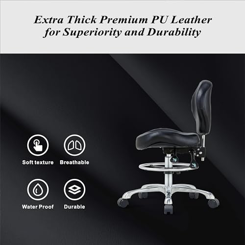 Image of Drafting Stool Rolling Chair with Back Support - Height Adjustable Shop Chair with Wheels for Home Office, Studio (Black)