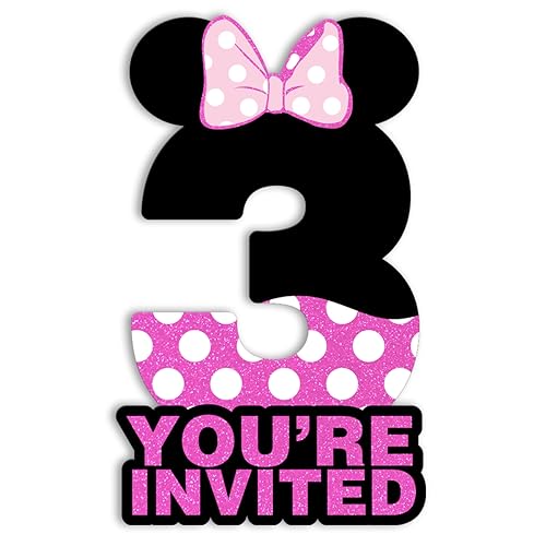 pertnate Mouse 3rd Birthday Party Invitations Girl Pink Glitter Mouse 3 Year Old Girls Birthday Shaped Invitations with Envelopes,Set of 20