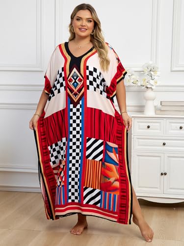 Image of KECVOT Kaftan Dresses for Women V-Neck Print Swimsuit Cover Up Plus Size Beach Caftan Lounge Dress