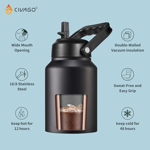 CIVAGO-Gallon-Insulated-Water-Bottle-Jug-with-Straw-128-oz-Large-Stainless-Steel-Sports-Metal-Water-Canteen-with-Handle-Big-Thermal-Water-Cup-Mug-with-2-Lids-for-Camping-Fishing-Sage
