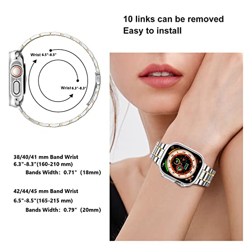 Image of MioHHR Solid Stainless Steel Band Compatible with Apple Watch 49mm Ultra 3 /2 /1, Metal Strap with Soft TPU Case for iWatch Series Ultra 3 /2 /1 49mm Women and Men, Silver /Gold
