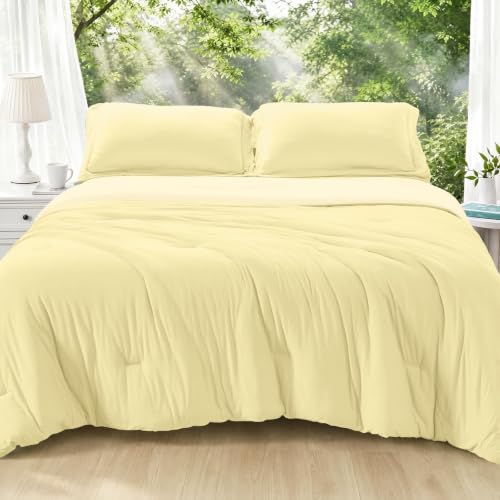 Image of MUXHOMO Cooling Comforter Set Full Size, Lightweight Summer Comforter for Hot Sleeper, Reversible Bedding with ICY Cooling Surface, Includes 1 Comforter (82 inchx86 inch) and 2 Shams (20 inchx 26 inch), Cream Yellow