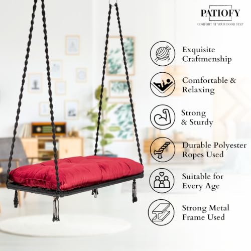 Image of Patiofy Double Seater Plank Swing for Adults and Kids | Indoor and Outdoor Use | Jhula for Adults with Cushion and Hanging Kit | Weight Capacity - 150 Kg - Black