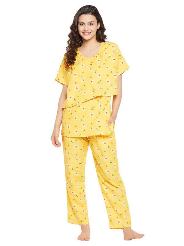 Image of Clovia Women's Rayon Rayon Feeding Print Me Pretty Layered Top & Pyjama In Yellow