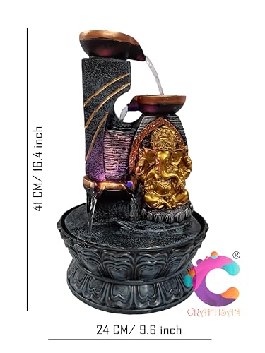 Image of Decorative Water Fountain for Home Decor, Office, Indoor & Outdoor, Garden, Puja Room, Vaastu, Reception, Spa, Gifting. (3 Step Diya Ganesh (Golden))